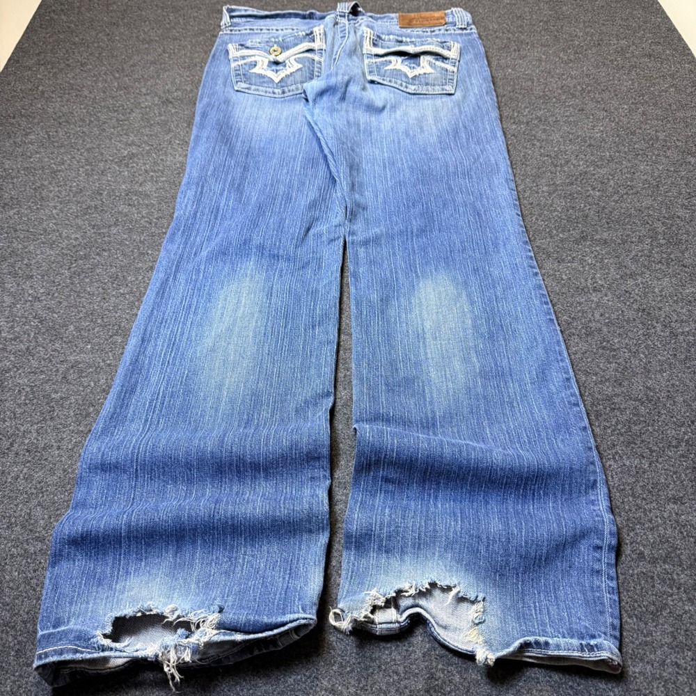 Y2K Big Star Union Jeans Mens 34 Blue Distressed Bootcut Embroidered Pockets